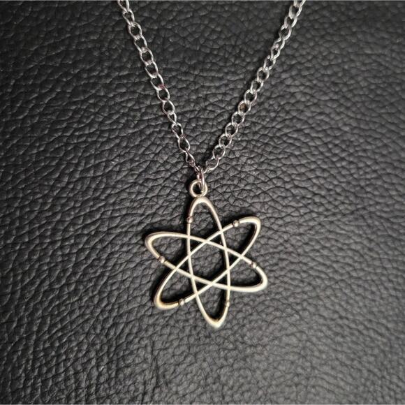Atom symbol atomic pendant silver tone necklace - Picture 2 of 3